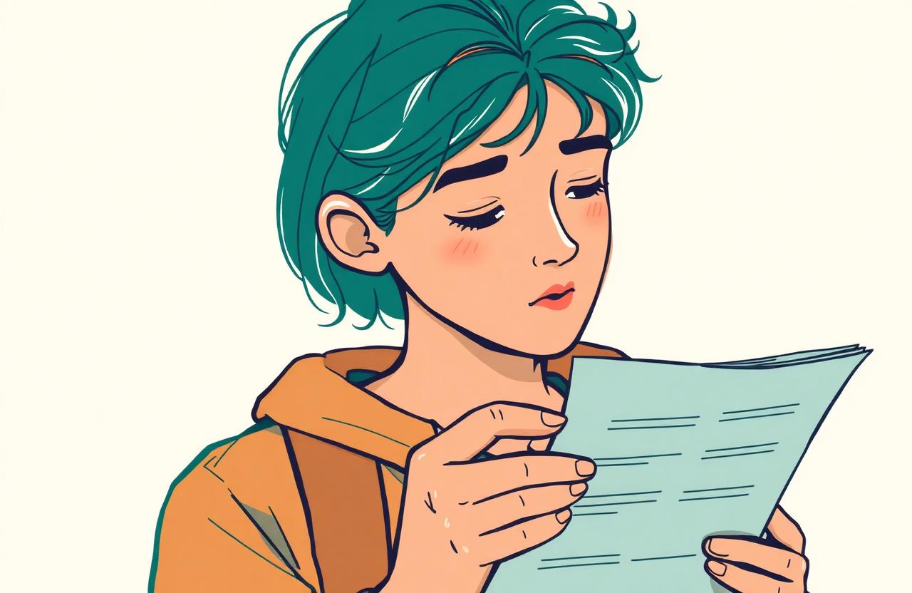 Adolescente observando uma prova com expressão pensativa