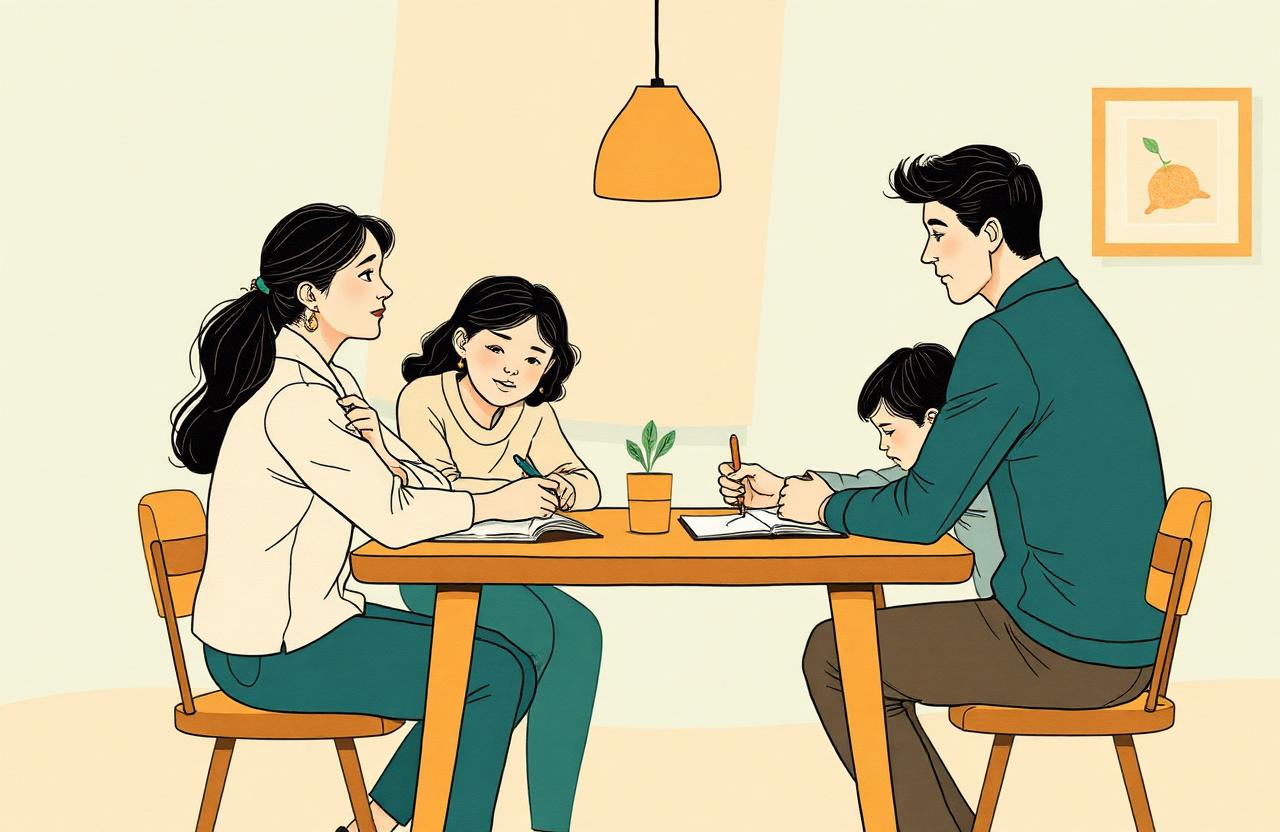 Família conversando em volta da mesa de estudos